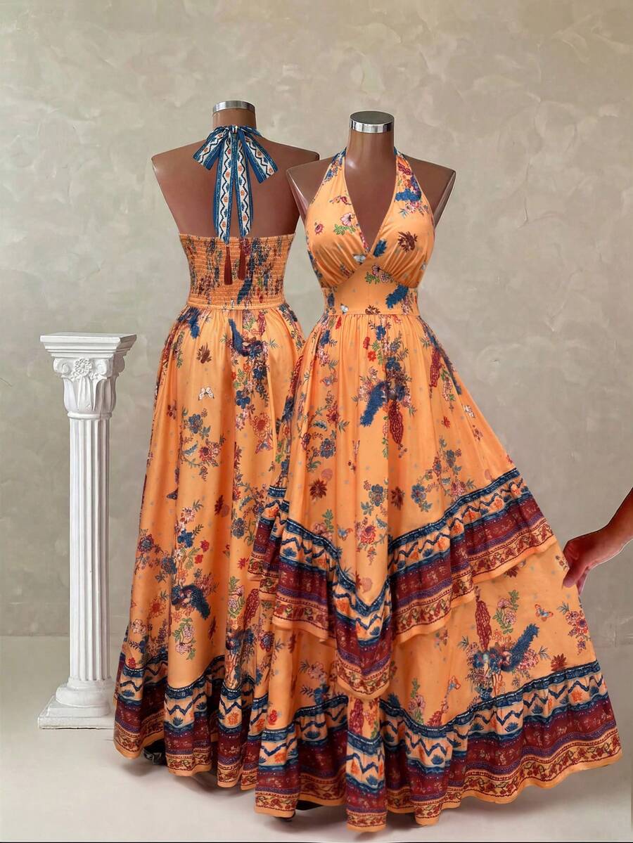 Flirla 大码V领露背无袖碎花优雅复古可爱度假长裙 - 黃色 - 查看 1