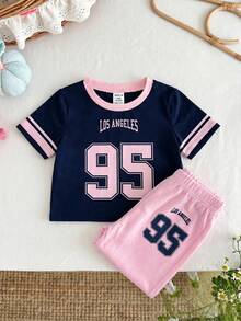 SHEIN 2件套女婴针织字母数字图案圆领T恤和打底裤套装 - 彩色 - 查看 6
