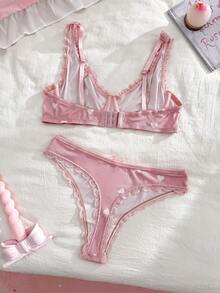 PetitDoll French Sweet Heart Print Lace Patchwork Underwire Bralette & Panty Set - Pink - View 2