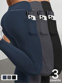 Easithlete 3件套加大码女式纯色口袋休闲健身紧身裤 - 彩色 - 查看 1