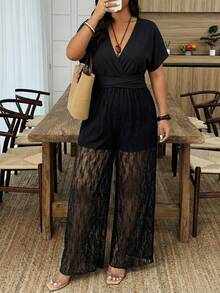Weeklong Plus Size Women's Casual Lace Patchwork Crossed V-Neck Jumpsuit, Suitable For Spring/Summer Holiday - Black - View 3