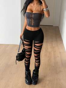 SHEIN ICON Women's Solid Color Ripped Casual Sexy Versatile Daily Wear Leggings Night Black Summer - Black - View 10