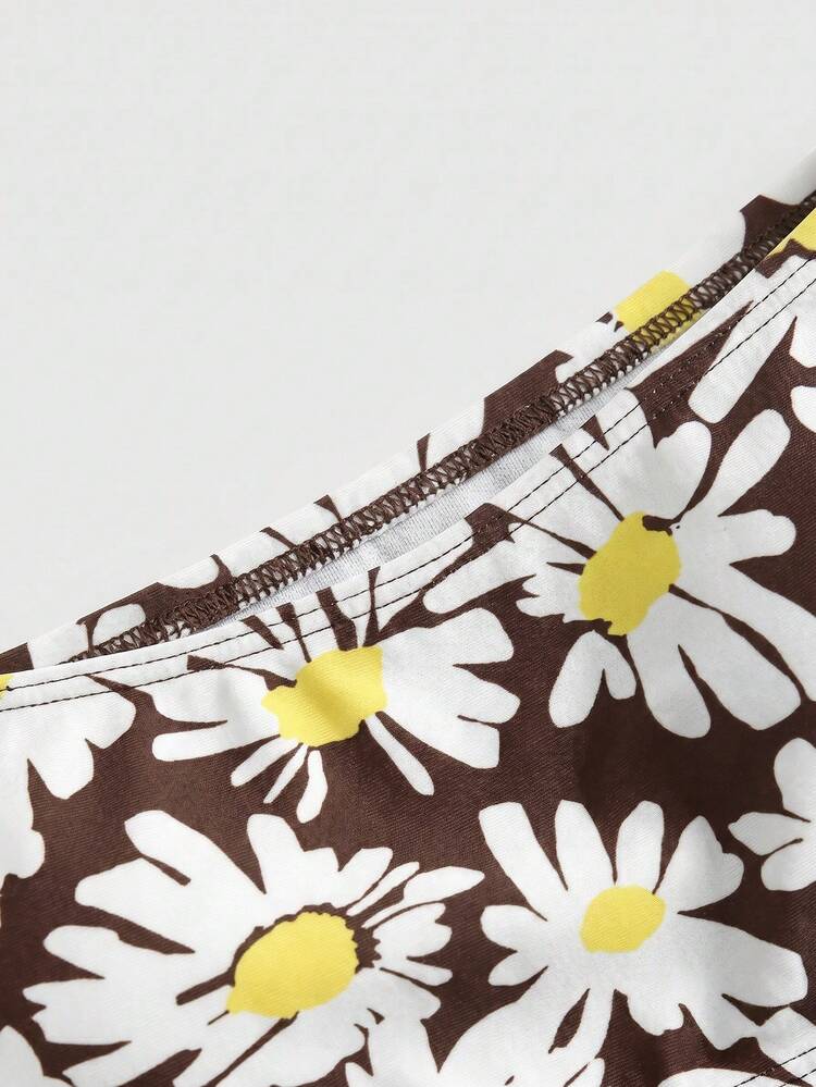 Brown And Butter Yellow Daisy Print Bikini Set, Tube Bandeau Top With Matching High Waisted Bottom Summer Vacation Beachwear 2 Pieces Swimwear