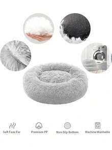 1pc Fluffy Round Pet Bed – Warm & Breathable, Cozy Soft Cushion For Small/Medium/Large Cats & Dogs, All-Season Use - Grey - View 7