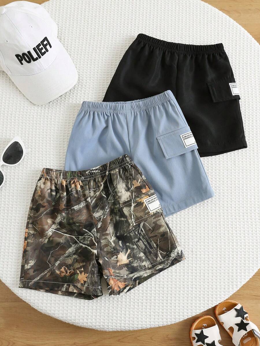 SHEIN Bộ 3 quần short cargo mùa hè cho bé trai, kiểu dáng đường phố, họa tiết rằn ri và màu trơn, bộ quần short cho bé trai. - Nhiều màu - Xem 1
