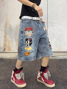 Manfinity EMRG Men's Vintage Printed Gray-Blue Denim Capri Pants, Streetwear Style - Grey - View 6