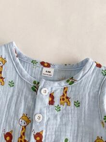 SHEIN 2pcs/Set Baby Boy Round Neck Button-Up Short Sleeve Top & Deer Print Shorts Set, Cute Casual Outfit For Spring/Summer - Baby Blue - View 6