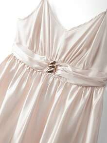 GlowEve CURVE Plus Size Women's Elegant Brown Summer Sleeveless Satin Dress,Metal Buckle Waist Pleats Long Gown Holiday,Wedding Guest Gym,Vacations - Apricot - View 4