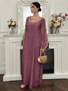 Yasmyna Đầm kiểu Ả Rập thanh lịch, dáng rộng, dành cho nữ, được trang trí bằng họa tiết thêu. - Bụi hồng - Xem 4