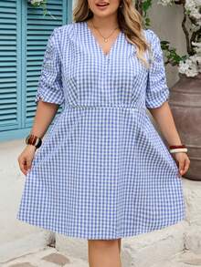 SHEIN CURVE+ Abito estivo semplice con maniche a sbuffo e scollo incrociato, disponibile nei colori blu, oro, giallo, blu e bianco. Abito estivo da donna con maniche a sbuffo. Abito da picnic. Set primaverile da donna. Abito primaverile da donna, abito estivo, abbigliamento primaverile - Blu e Bianco - Visualizzare 9