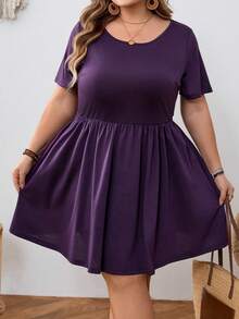 SHEIN CURVE+ Đầm ngắn tay màu trơn dành cho nữ cỡ lớn - Màu tím - Xem 7