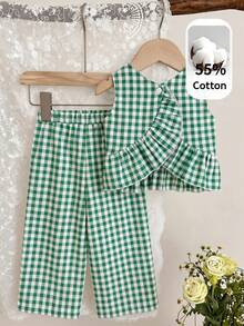 Bộ đồ 2 món cho bé gái: Áo sơ mi dệt kẻ caro viền bèo nhún kiểu dáng thường ngày và quần dệt rộng. - màu xanh lá - Xem 11