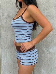 SHEIN EZwear 女士条纹拼接吊带背心和短裤两件套休闲装 - 藍色 - 查看 5