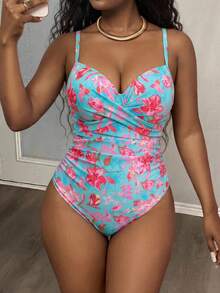 Maweii Plus Size Women's One-Piece Random Print Casual Swimsuit - Mint Green - View 4