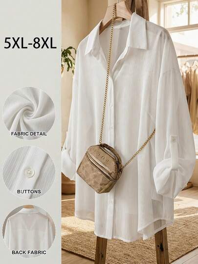 SHEIN CURVE+ Plus Size Women's White Chiffon Shirt, Fashionable Loose Semi Transparent Casual Daily Shirt, 2026 Spring/Summer New Product, Back To School Season, White Shirt, Women's Shirt, Plus Size White Shirt