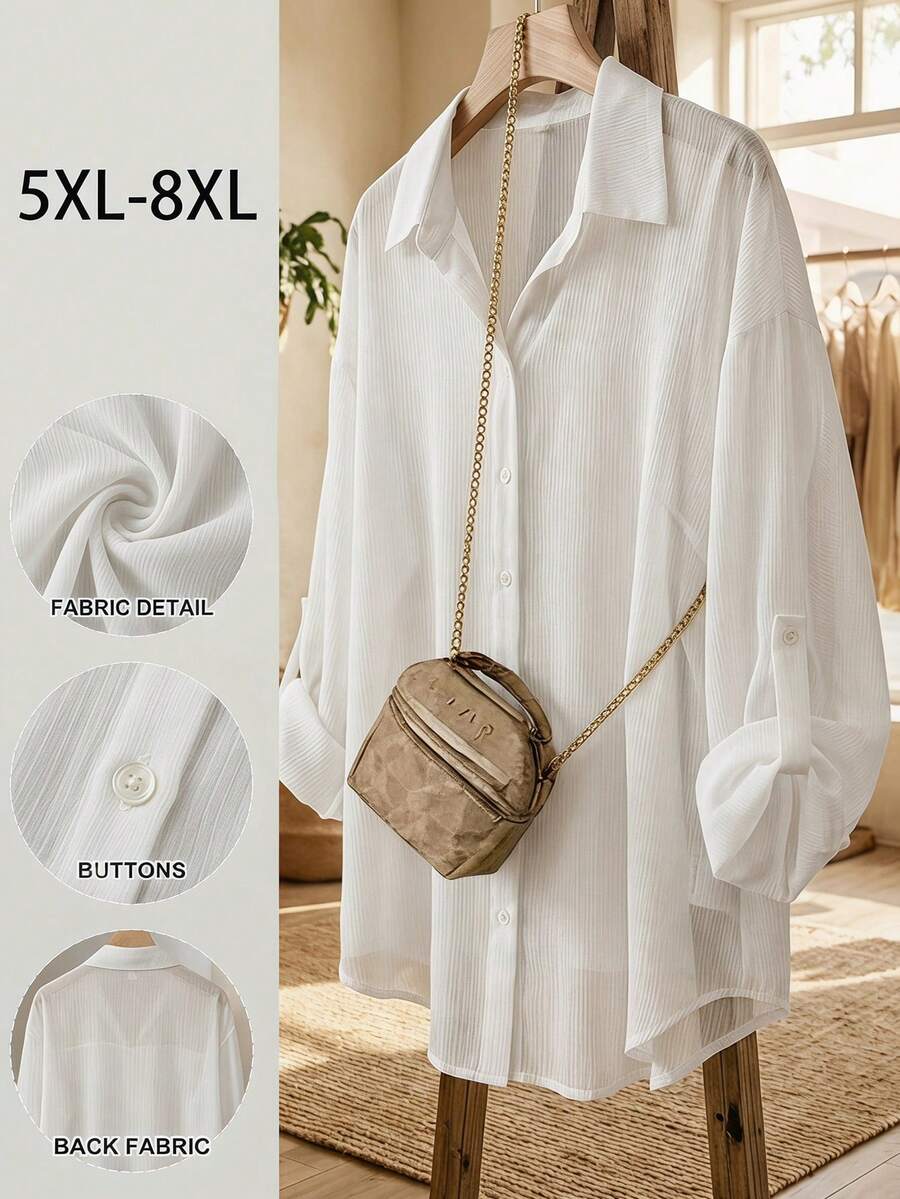 SHEIN CURVE+ 大尺碼女款白色雪紡襯衫,時尚寬鬆半透明休閒正式日常穿搭,2026春夏新品,適合辦公室約會 - 白色 - 查看 1