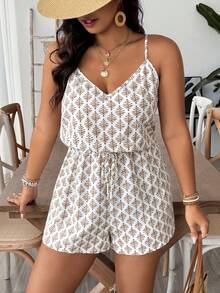 SHEIN VCAY Mono/Mono corto de estilo bohemio casual de vacaciones con patrón geométrico retro para tallas grandes - Multicolor - Ver 6