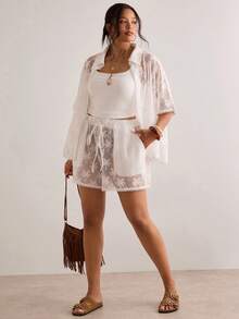 Levarali Set Pakaian Pantai Bohemian Jala Renda untuk Wanita Ukuran Plus, Set 2 Potong: Penutup & Kemeja - Putih - View 3