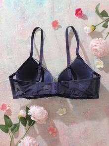 Elorette 1件女士网纱花卉刺绣钢圈文胸 - 藍色 - 查看 2