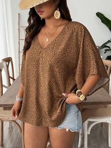 SHEIN VCAY Blusa holgada con cuello en V, estampado de leopardo y mangas con volantes para tallas grandes, ideal para vacaciones, verano, Día de la Madre, vacaciones, festivales, estilo western - Marrón - Ver 3