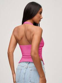 SHEIN BASICS Casual Solid Color Knit Halter Neck Women's Top - Hot Pink - View 3