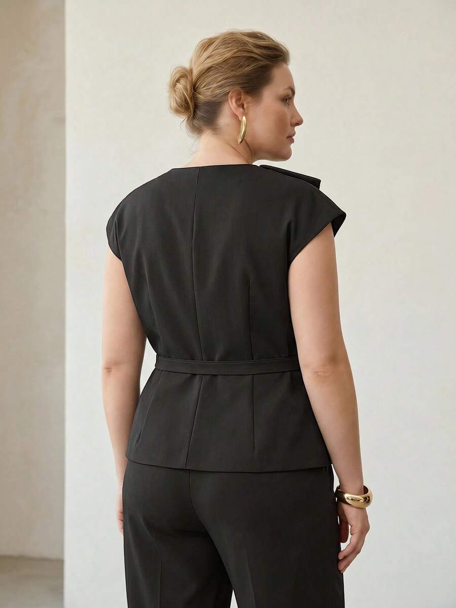 MOTF PREMIUM PLUS SIZE COMMUTER SHAWL COLLAR BELTED BLAZER - Black - View 2
