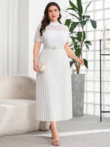 Reflora Plus Size Women's Spring/Summer Elegant Romantic Short Sleeve Mid-Length Dress With Pleated Hem, Lace Fabric, Suitable For Outings And Parties White - Green - View 7