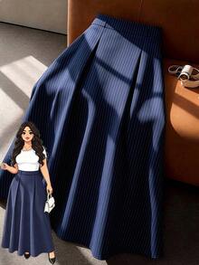 GlowEve CURVE Plus Size Women's Vintage Striped A-Line Skirt, High Waist Flared Design, Suitable For Spring/Summer, Vacation, Daily Commute, Gathering, Party Fall - Navy Blue - View 1