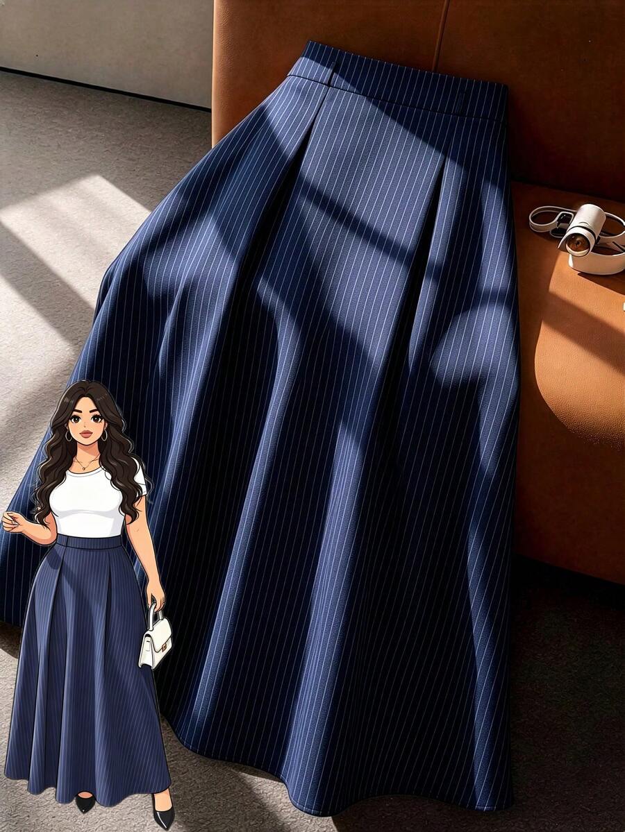 GlowEve CURVE Plus Size Women's Vintage Striped A-Line Skirt, High Waist Flared Design, Suitable For Spring/Summer, Vacation, Daily Commute, Gathering, Party Fall - Navy Blue - View 1