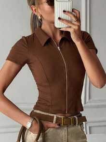 DAZY Women's Solid Color Collared Zipper Short Sleeve Outdoor Fitness T-Shirt Beach Work Hiking Coffee Brown Summer Casual Modest Cute - Coffee Brown - View 6