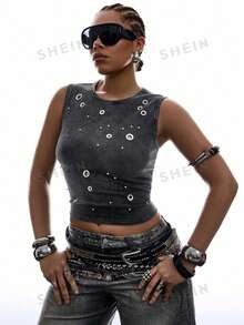 LYSMO Plus Size Casual Minimalist Y2K Style Washed Sleeveless Top - Dark Grey - View 3