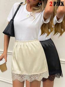 SHEIN LUNE 2pcs Women's Casual Elegent Laced Lace Patchwork Skirt Set, Suitable For Summer Outing, Vacation, Commute And Daily Wear Party Black Summer Outfit For Women Vacation Outfits Women Summer Holiday Outfits Festival Outfits For Women Summer Outfit For Women Beach Outfits Going Out Outfits Vacation Outfits Women Summer Holiday Outfits Country Concert Outfit - Multicolor - View 1