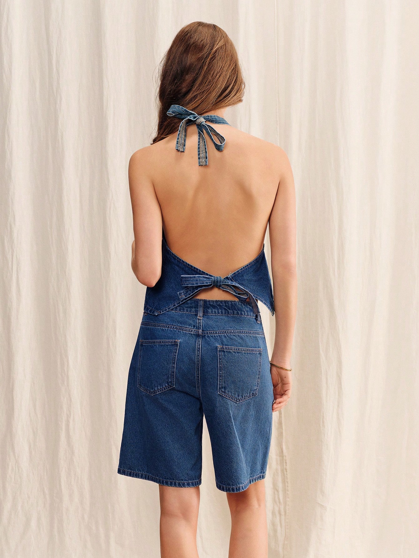 Denim Halter Top With Open Back And Ties Closure Vintage Wash Spring Summer French Style Blue Cotton Top Chic Summer Top Holiday Top