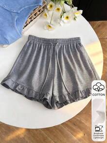 Resyla Pantalones cortos de mujer de verano, de unicolor, con volantes en el bajo y cordón en la cintura - Gris - Ver 6