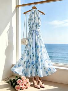 Franclia Women's New Digital Print Halter Neck Fitted Waist Dress, Suitable For Beach Vacation And Travel - Sky Blue - View 2