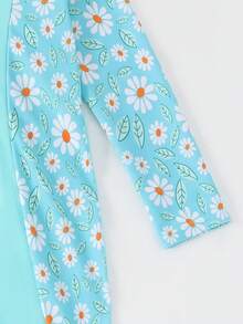 Young Girls One-Piece Swimsuit,Floral Patchwork Long Sleeve & Pants,Conservative Rash Guard Kids Swimsuits With Zipper For Summer,Beach,Holiday - Blue - View 7