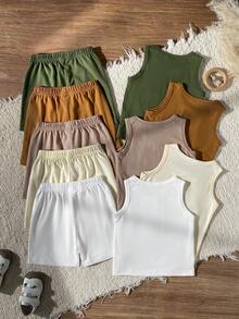 SHEIN Vintaside Kids 10件裝嬰幼兒男/女童夏季套裝 牛仔與白色休閒家庭款 素色圓領背心上衣搭配寬鬆短褲 幼兒套裝 - 彩色 - 查看 2