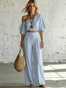 Wandoria Blusa de hombro asimétrico de manga corta a rayas azul y blanco, combinada con pantalones de pierna ancha de cintura elástica, conjunto informal de estilo bohemio de alta vibra para - Azul y blanco - Ver 3