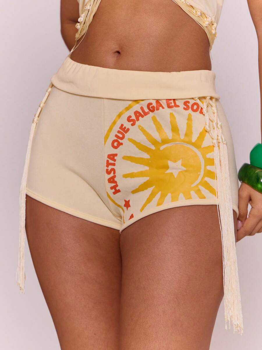MUSERA Quần short siêu ngắn họa tiết tua rua, thích hợp cho mùa xuân hè, kỳ nghỉ, lễ hội Ibiza, phong cách boho, thanh lịch, thường ngày, lễ hội hóa trang. - Vàng nhạt - Xem 1