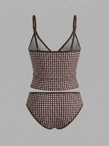 Sweetra CURVE 2026 Nuevo Conjunto de 2 Piezas Talla Grande para Mujer Estampado Geométrico Aleatorio Vacaciones Casual Minimalista Adelgazante Modesto Lazo Tirante Grueso Ajustable Cintura Alta Playa - Marrón - Ver 2
