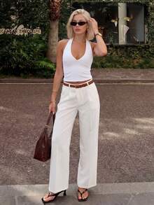 Sinnesro 女款白色夏季休閒辦公寬腿鬆身長褲，秋冬純色細條紋西裝褲，適合通勤商務工作教師穿搭，小個子女性 - 白色 - 查看 7