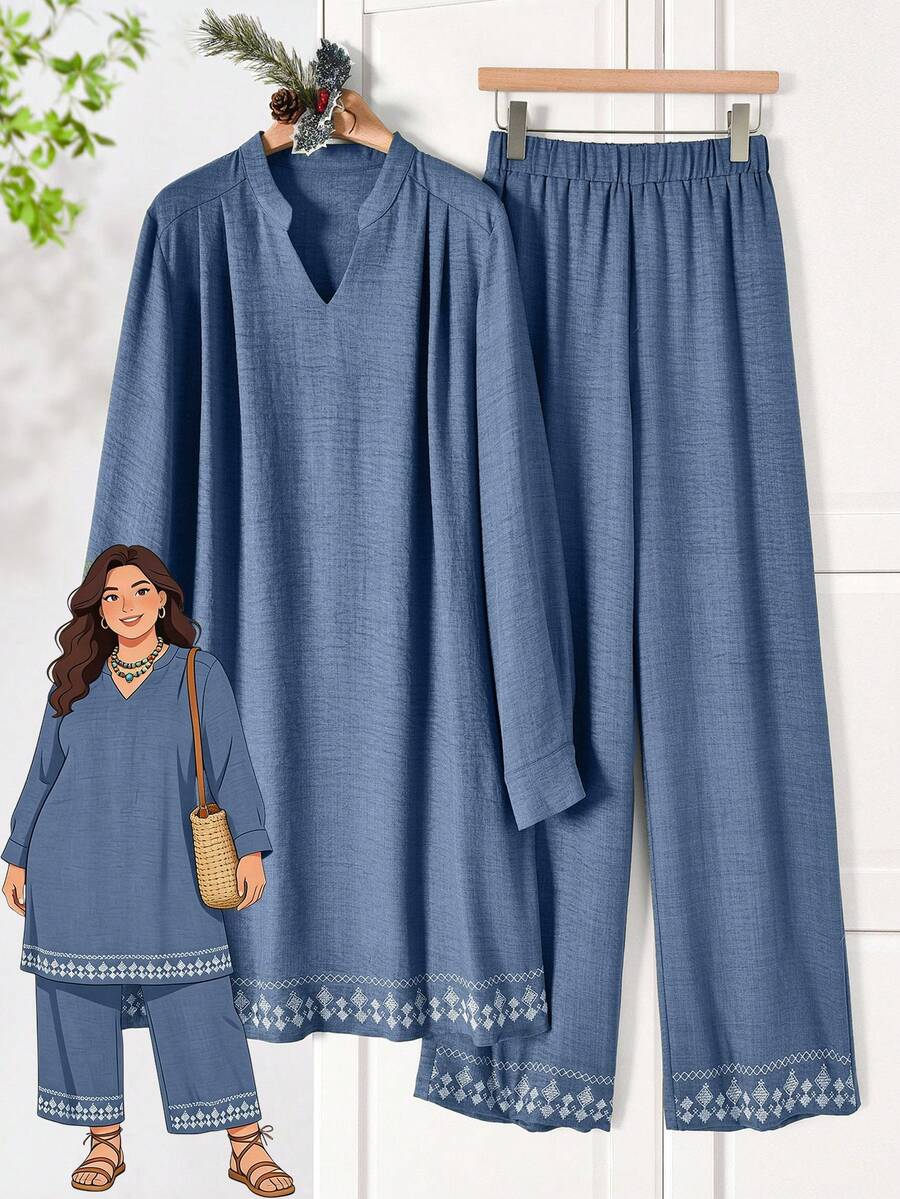Rusticease 大码女式V领长袖衬衫和阔腿裤休闲两件套 - 藍色 - 查看 1