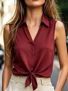 EMERY ROSE Women's Solid Color Casual Sexy Commuter Tie-Up Sleeveless Blouse Golf Pastal Summer - Burgundy - View 1