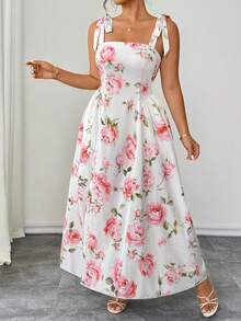SHEIN Clasi Plus Size Women's Elegant French Rose Print Tie Strap Dress, Summer - White - View 1