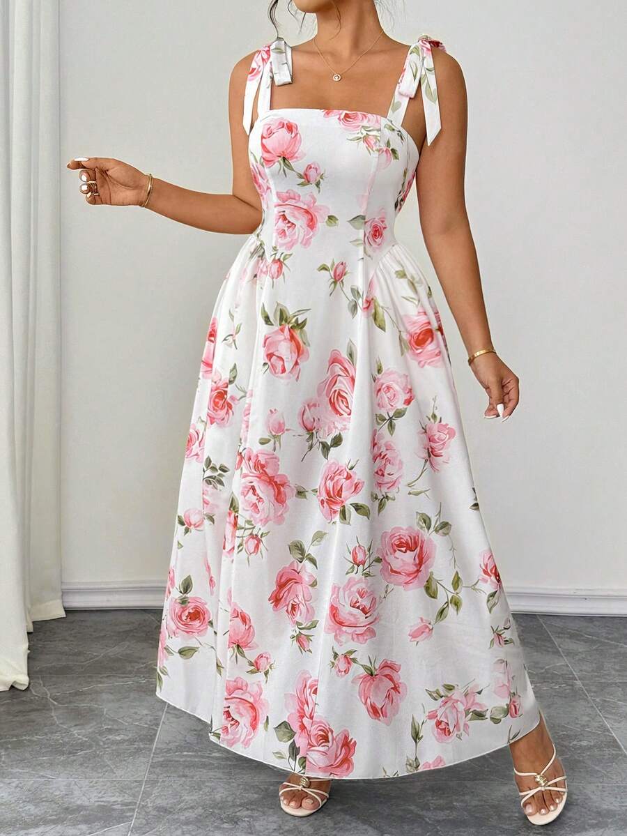 SHEIN Clasi Plus Size Women's Elegant French Rose Print Tie Strap Dress, Summer - White - View 1