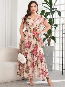 SHEIN Clasi 大码女式碎花荷叶袖优雅连衣裙 - 彩色 - 查看 4