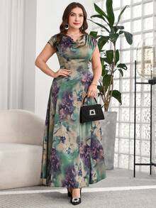 SHEIN Clasi Plus Size Women Tie-Dye Elegant Waist Cinched Party Dress - Multicolor - View 7