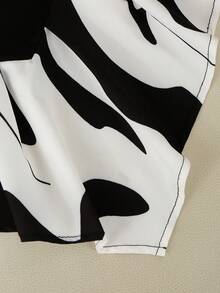 GlowEve CURVE Plus Size Women's Spring/Summer New Casual Elegant Commuter Color Block Shirt Collar Off Shoulder Short Sleeve Fitted Stylish Asymmetric Hem Blouse - Black and White - View 4