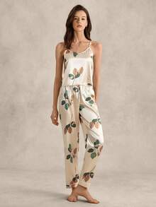 EverLounge Floral Print Satin Cami Top & Pants PJ Set / Pajama Set - Apricot - View 3