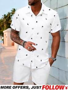 Genlund Manfinity RSRT Men's Tropical Print Short Sleeve Button-Up Shirt, Fitted Vacation Style For Summer, Holiday - White - View 5